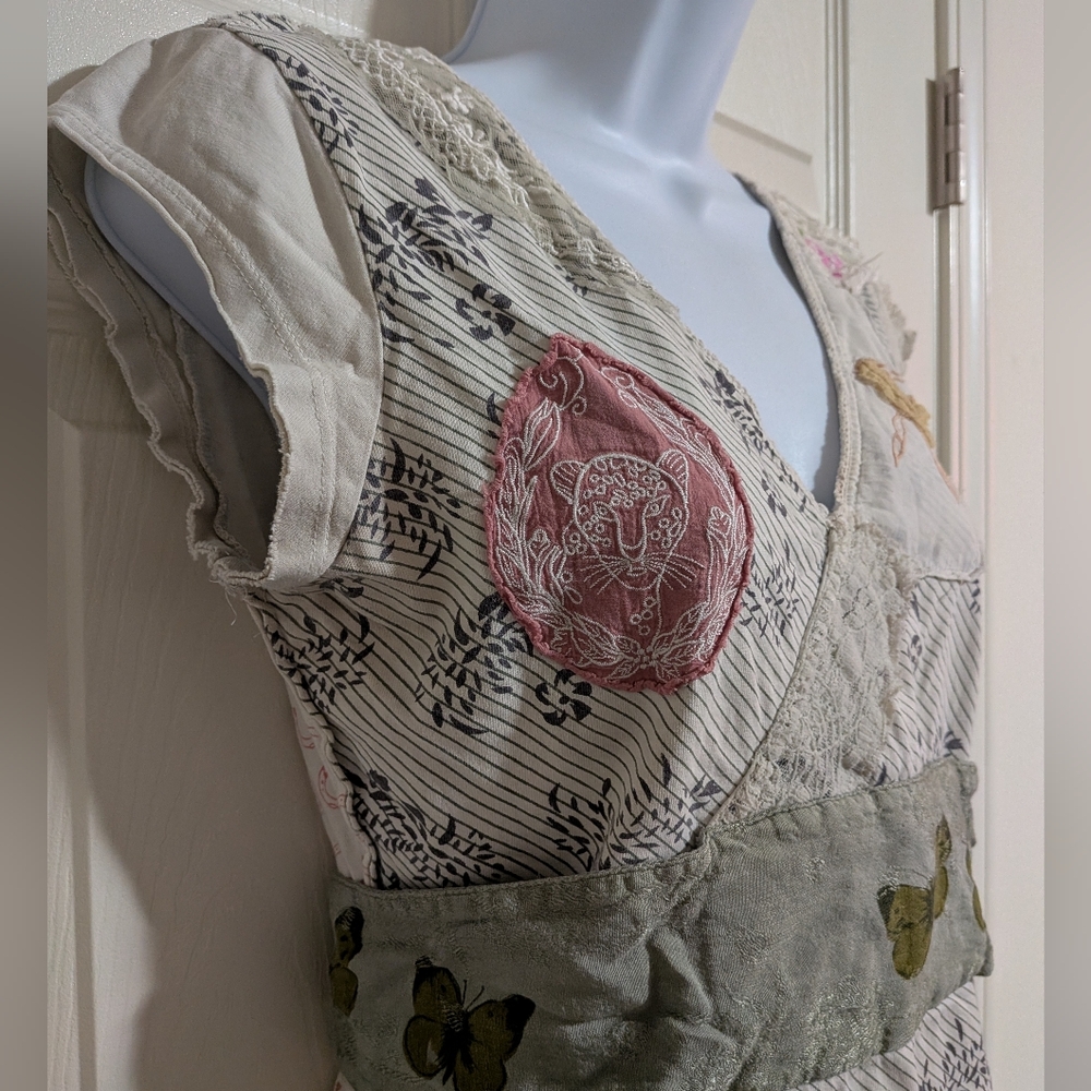 Free People Cream & Green Mixed-Print Ballerina Patchwork Blouse - Picture 4 of 12